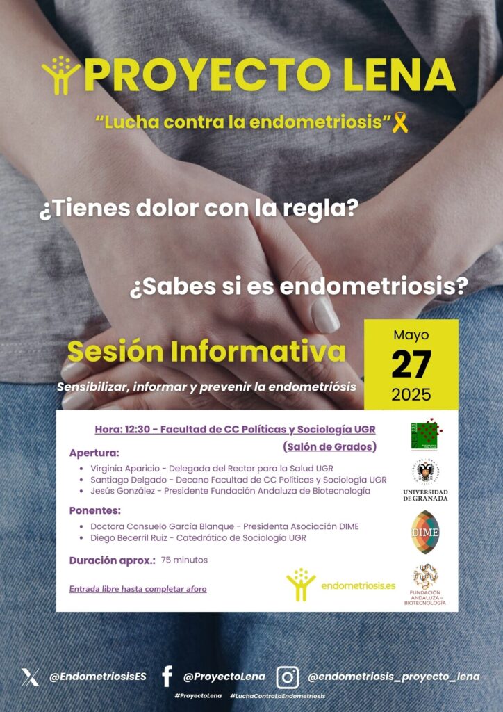 Cartel de la sesión informativa sobre endometriosis en la Universidad de Granada, 27 de mayo de 2025, organizada por el Proyecto LENA y la FABT.